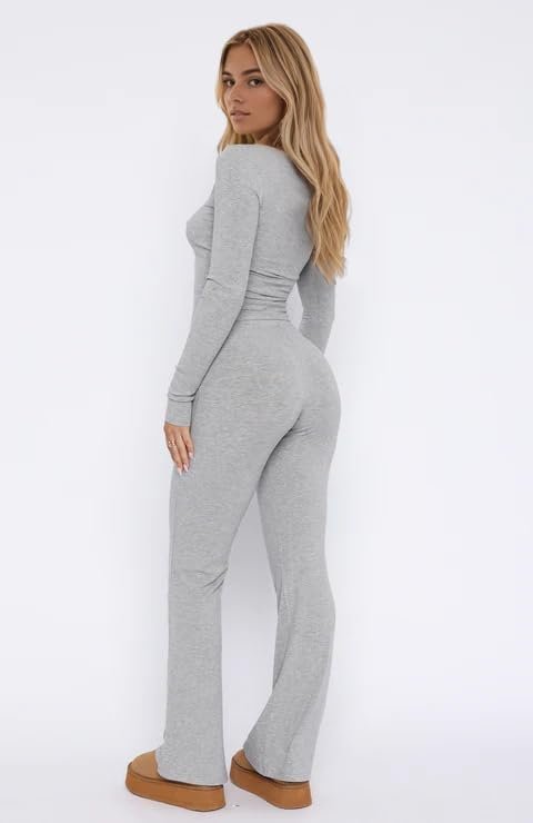 Women Ribbed Knit Yoga Lounge Set V Neck Long Sleeve Button Crop Tee Drawstring Pants Solid Slim Two Pieces Sets