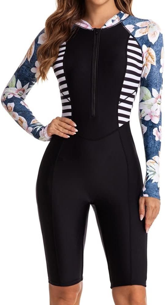 Women's One Piece Long Sleeve Rash Guard Knee High Bathing Suits Swimsuit Sport Surfing Wear Athletic Swimwear