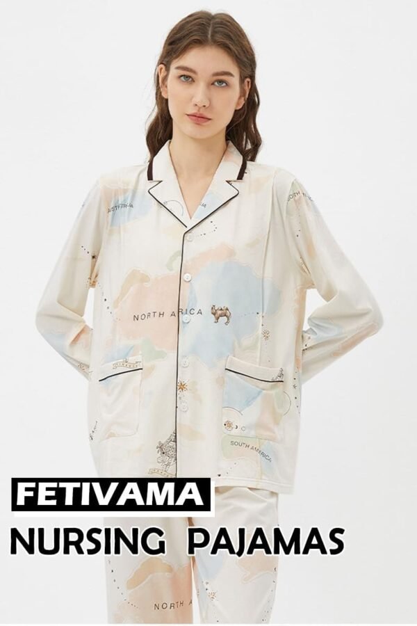 Maternity & Nursing Knit Cotton Pajama Set Sleepwear Long Sleeve Top & Bottom Breastfeeding for Pregnant Women