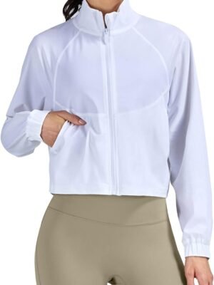 UPF 50+ Workout Jackets for Women Athletic Zip Up Running Jacket Sun Protection Lightweight UPF Cropped Jacket