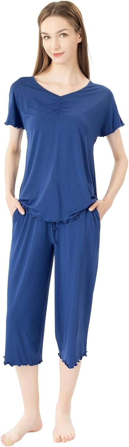 Soft Bamboo Viscose Pajamas Set for Women Summer Sleepwear Pjs Comfy Short Sleeve Tops Capri Pants Sets