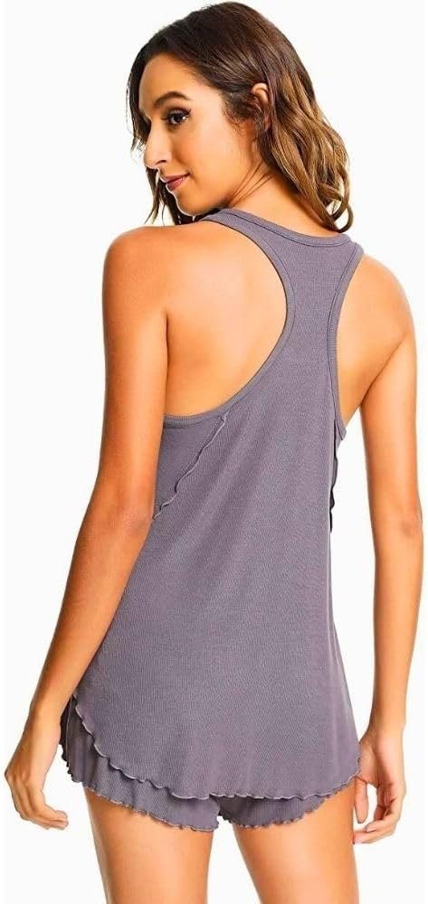 Pajamas Set for Women Viscose Made from Bamboo - Ribbed Racerback Tank Top Soft Sleepwear Pjs Shorts Nightwear Loungewear