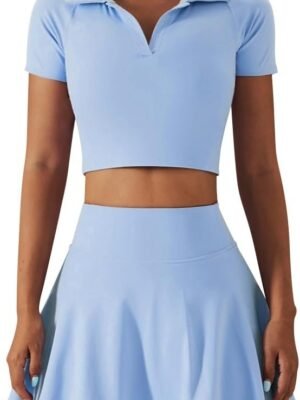 2 Piece Tennis Dress for Women High Waist Pleated Tennis Skirt with Shorts Short Sleeve Crop Golf Workout Skirts Sets