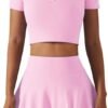 2 Piece Tennis Dress for Women High Waist Pleated Tennis Skirt with Shorts Short Sleeve Crop Golf Workout Skirts Sets