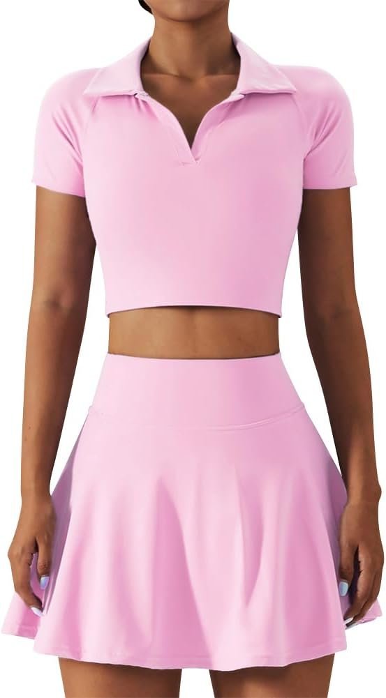 2 Piece Tennis Dress for Women High Waist Pleated Tennis Skirt with Shorts Short Sleeve Crop Golf Workout Skirts Sets