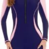 Women Zip Rash Guard Long Sleeve One Piece Splice Swimsuit UPF 50+ Tummy Control Surfing Bathing Suits Boyshort Bottom