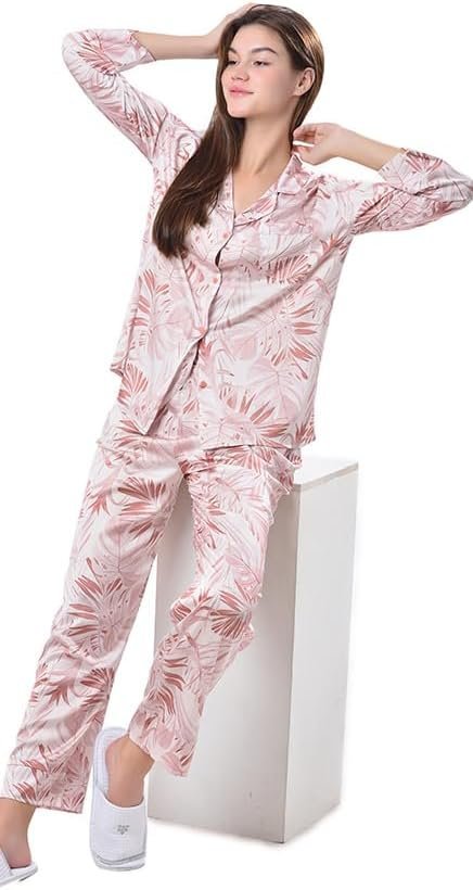 Women's Silky Satin Pajamas Set Long sleeve and Pants Sleepwear Soft and Comfy Button Down Loungewear Relaxed Fit