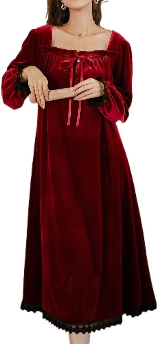 Women's Long Sleeve Nightgown Velvet Sleep Dress Ruffle Crew Neck Mid-length Nightdress