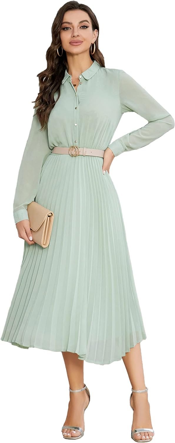 Business Casual Shirt Dress for Women Long Sleeves Pleated Midi Dresses with Belt