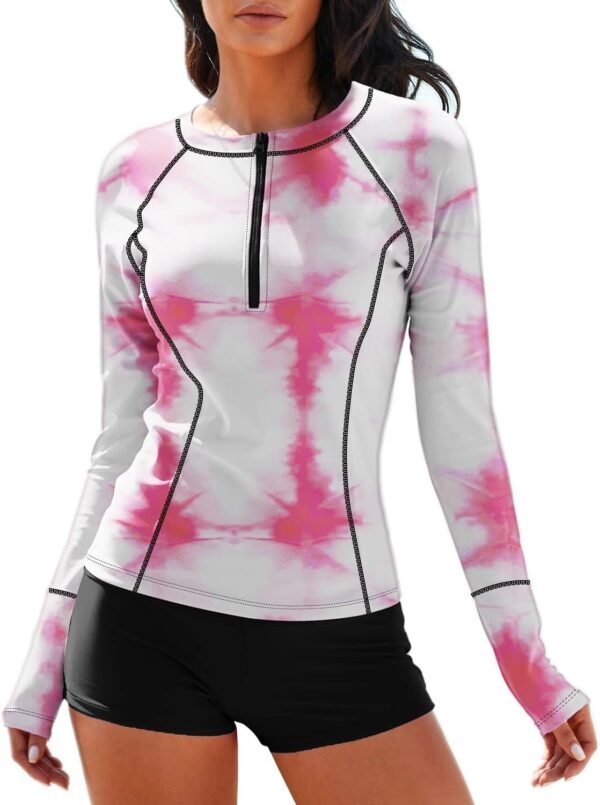 614nLrX3LbL._AC_SL1500.jpg Women Two Piece Rash Guard Long Sleeve Half-Zipper UPF 50 Athletic Surfing Swimsuit