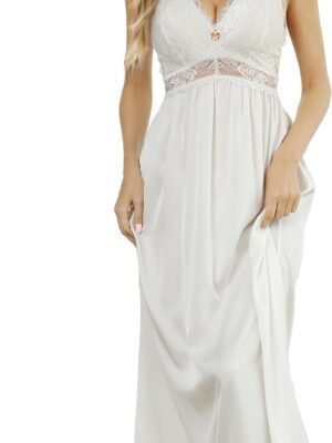Womens Nightgown Long Sexy Silky V neck Chemise Lace Sleeveless Sleepwear for women Elegant