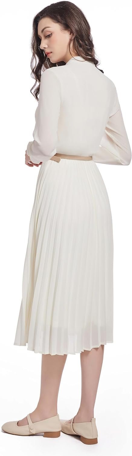 Business Casual Shirt Dress for Women Long Sleeves Pleated Midi Dresses with Belt