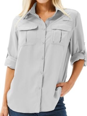 Women's UPF 50+ Long Sleeve UV Sun Protection Safari Shirt, Quick Dry SPF Hiking Fishing Breathable Shirts