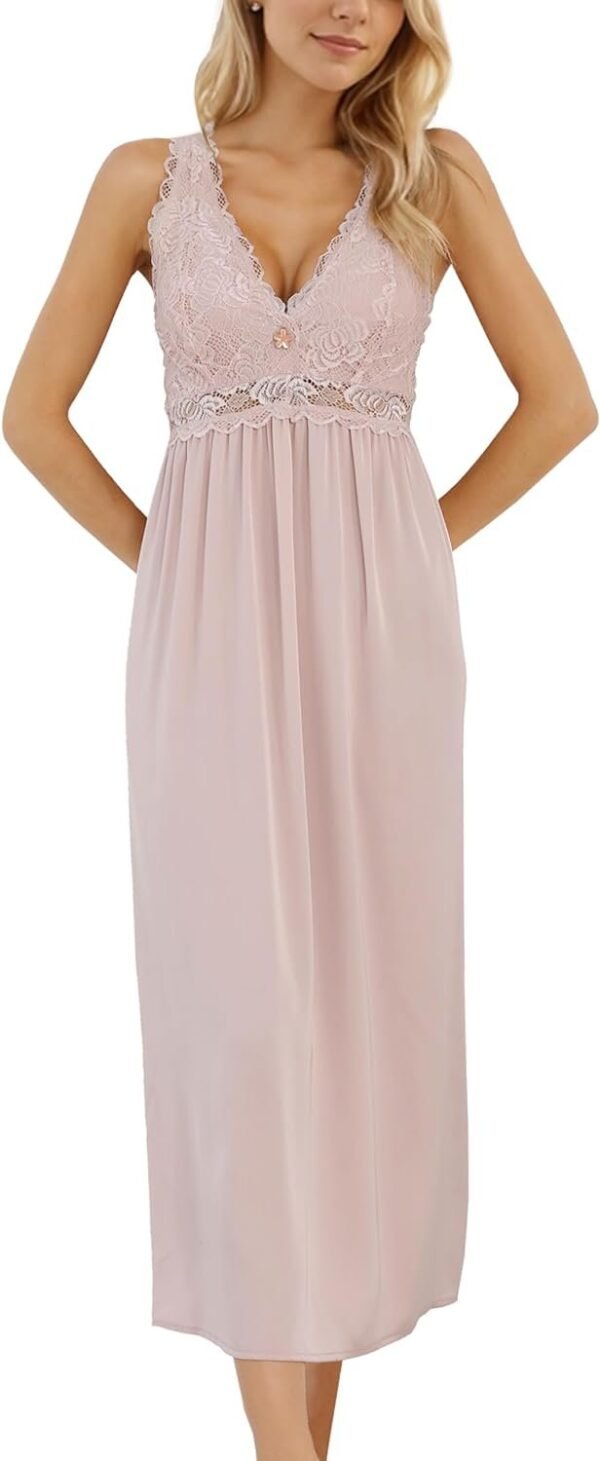 Womens Nightgown Long Sexy Silky V neck Chemise Lace Sleeveless Sleepwear for women Elegant