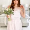 Women’s White Lace Romper- Comfy Vegan Silk One Piece Pajama With Shorts