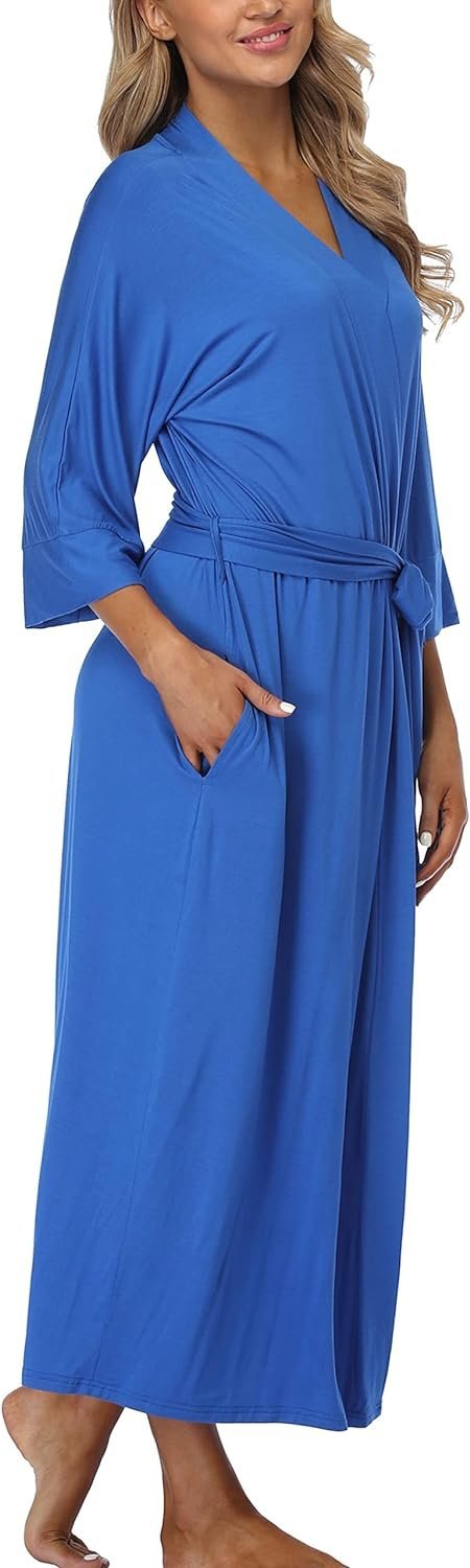 Womens Soft Long Kimono Robes Lightweight Full Length Knit Bathrobe With Pockets Ladies Casual Dressing Gown