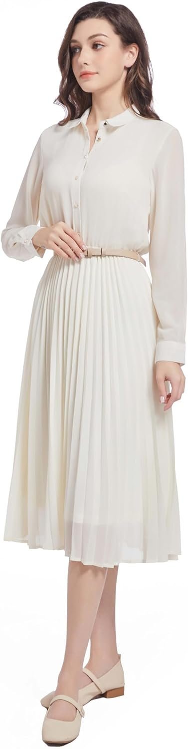 Business Casual Shirt Dress for Women Long Sleeves Pleated Midi Dresses with Belt