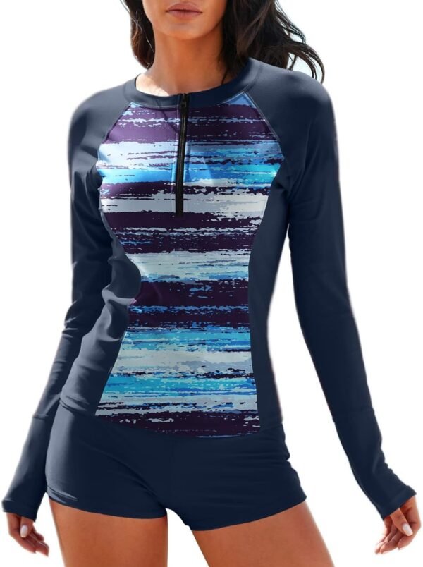 61HZeLp78hL._AC_SL1500.jpg Women Two Piece Rash Guard Long Sleeve Half-Zipper UPF 50 Athletic Surfing Swimsuit