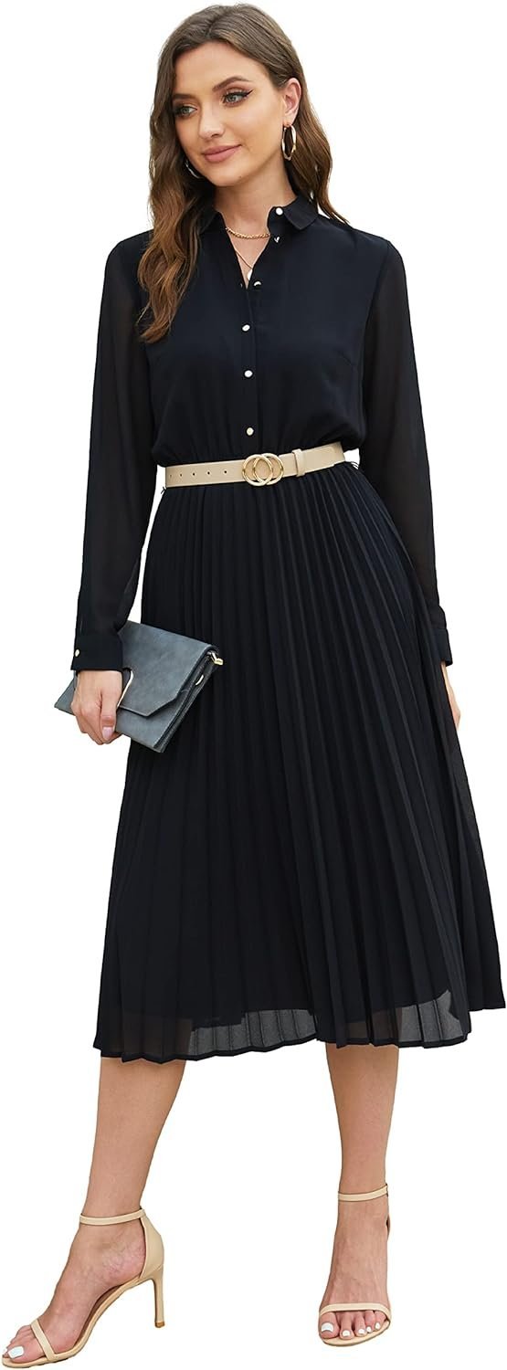 Business Casual Shirt Dress for Women Long Sleeves Pleated Midi Dresses with Belt