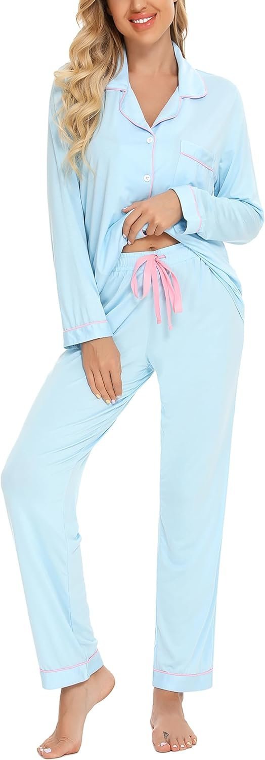 Pajamas Set Long Sleeve Womens Button Down Sleepwear Two Piece Nightwear Soft Pj Lounge Sets S-XXL