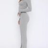 Women Ribbed Knit Yoga Lounge Set V Neck Long Sleeve Button Crop Tee Drawstring Pants Solid Slim Two Pieces Sets
