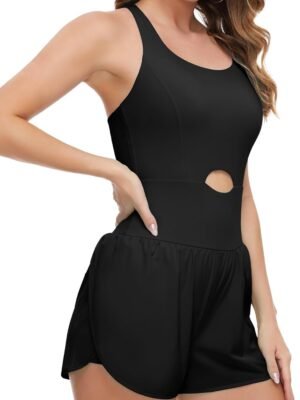 Athletic Romper Workout Onesie for Women, Quick-dry Running Active Romper One Piece Outfits with 2 Side Pockets