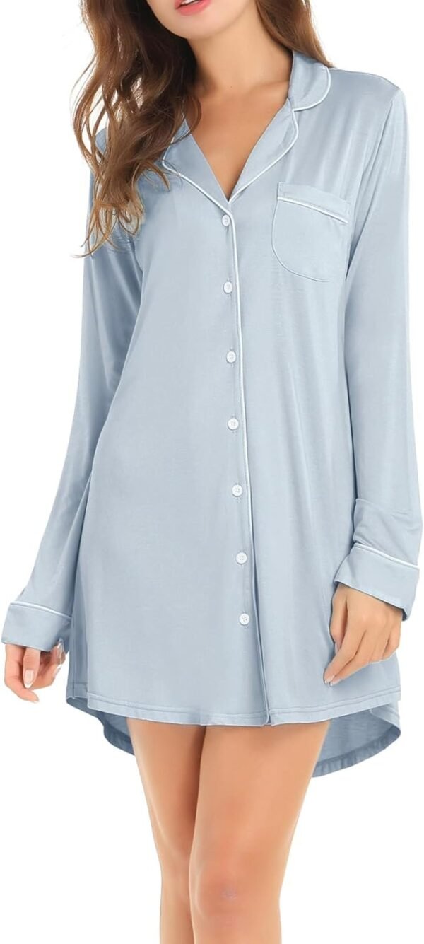 Womens Bamboo Viscose Sleep Shirt Long Sleeve Button Down Nightgowns Boyfriend Nightshirt S-XXL