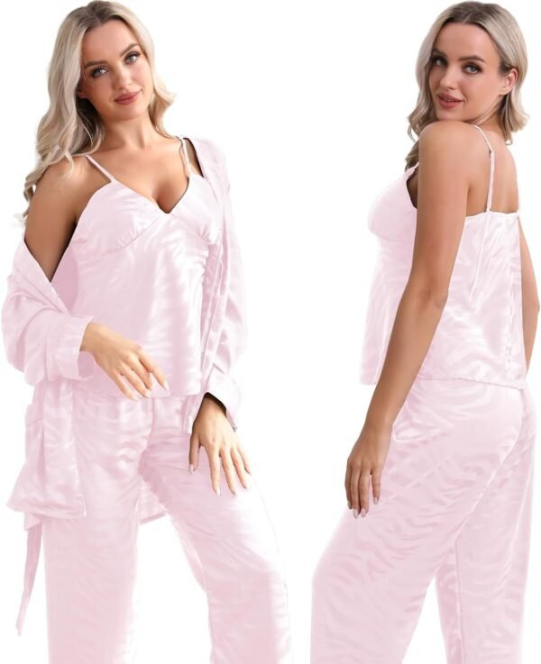 Womens Silk Satin Pajama Sets,Zebra Strips Comfy Robe and Pants Women Pajamas,Silky Camisole Woman Pjs Set 3 Pieces