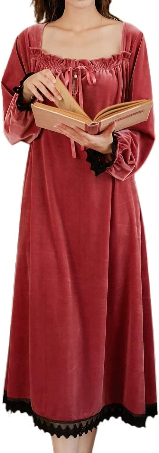 Women's Long Sleeve Nightgown Velvet Sleep Dress Ruffle Crew Neck Mid-length Nightdress