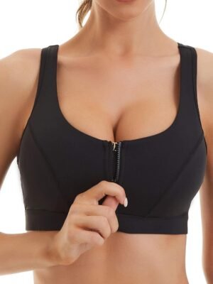 Womens Sports Bra with Zip Closure and Racerback,Wireless Bras,Four-Way Stretch Fabric with Removable Padded
