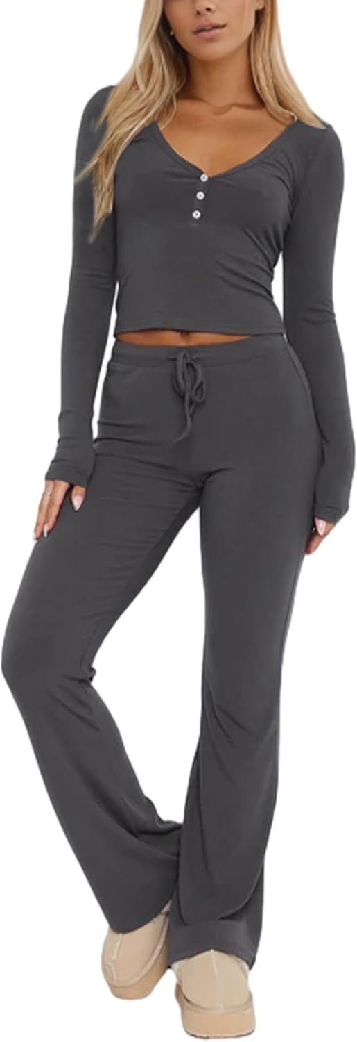 Women Ribbed Knit Yoga Lounge Set V Neck Long Sleeve Button Crop Tee Drawstring Pants Solid Slim Two Pieces Sets