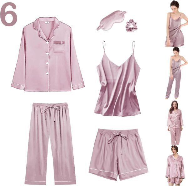 6Pcs Womens Silk Satin Pajama Sets Pj Sets Long Pjs Set Pajamas Sleepwear Camisole Sexy Cami