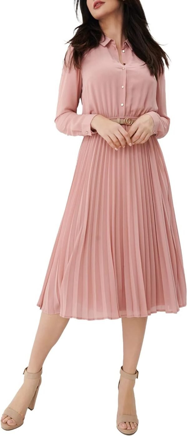 Business Casual Shirt Dress for Women Long Sleeves Pleated Midi Dresses with Belt