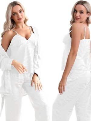 Womens Silk Satin Pajama Sets,Zebra Strips Comfy Robe and Pants Women Pajamas,Silky Camisole Woman Pjs Set 3 Pieces