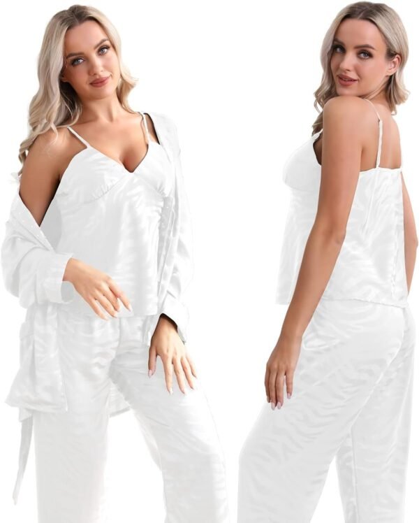 Womens Silk Satin Pajama Sets,Zebra Strips Comfy Robe and Pants Women Pajamas,Silky Camisole Woman Pjs Set 3 Pieces