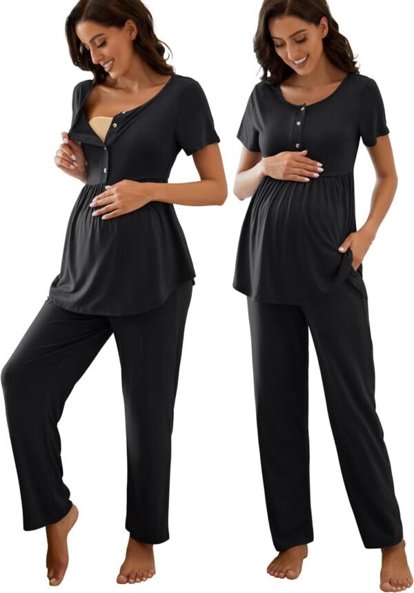 61kVDLtDpgL._AC_SL1500.jpg Women's Maternity Nursing Pajama Set Breastfeeding Loungewear Mama Clothes Short Sleeve Top & Pants Pregnancy PJS