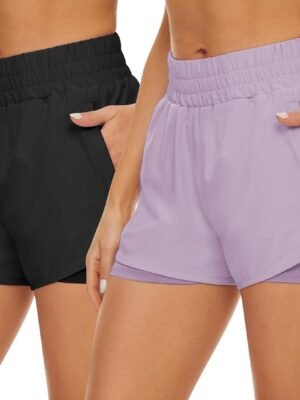 2 Pack Athletic Shorts for Women, Quick Dry Running Shorts with Pockets High Waisted Workout Gym Sports Shorts