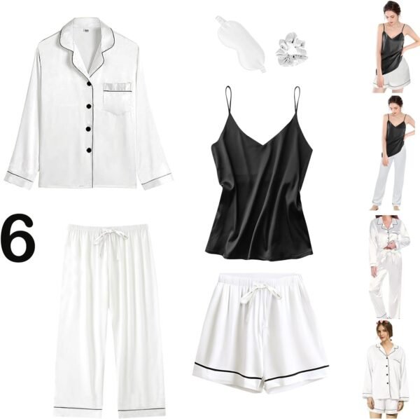 6Pcs Womens Silk Satin Pajama Sets Pj Sets Long Pjs Set Pajamas Sleepwear Camisole Sexy Cami
