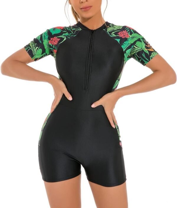 Women Zipper Rash Guard Sleeves Sun Protection Surf Rashguard Boyleg One Piece Sport Swimsuit Padded Bathing Suits