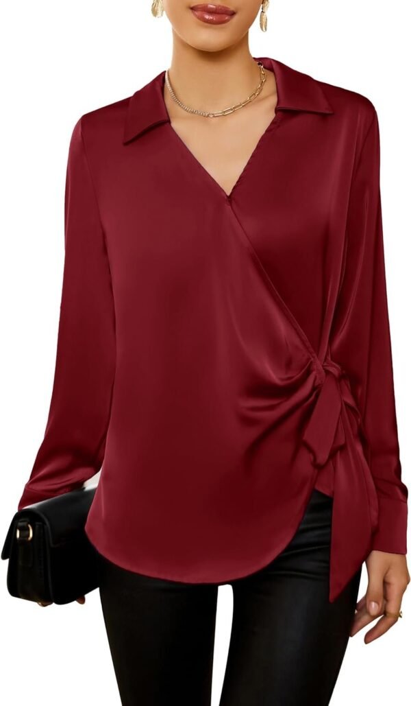 Women's Satin Silk Blouses Wrap V Neck Shirts Long Sleeve Elegant Tie Waist Office Formal Work Tunic Pullover Tops