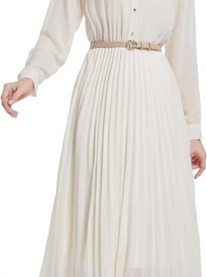 Business Casual Shirt Dress for Women Long Sleeves Pleated Midi Dresses with Belt