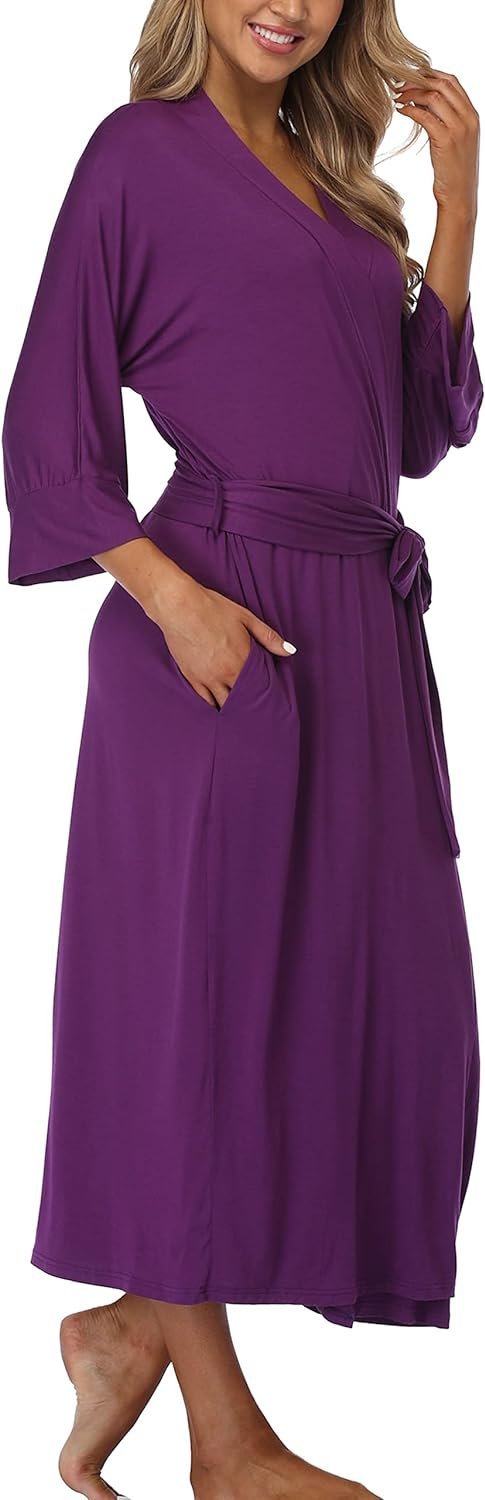 Womens Soft Long Kimono Robes Lightweight Full Length Knit Bathrobe With Pockets Ladies Casual Dressing Gown