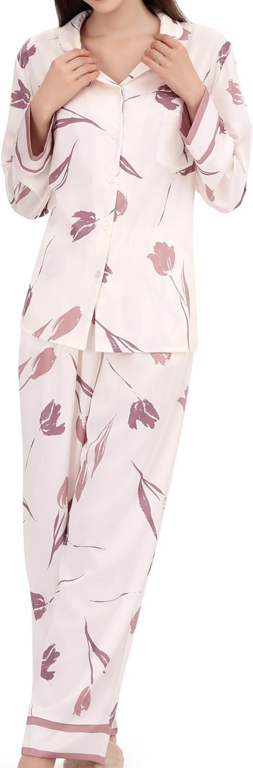 Women's Silky Satin Pajamas Set Long sleeve and Pants Sleepwear Soft and Comfy Button Down Loungewear Relaxed Fit