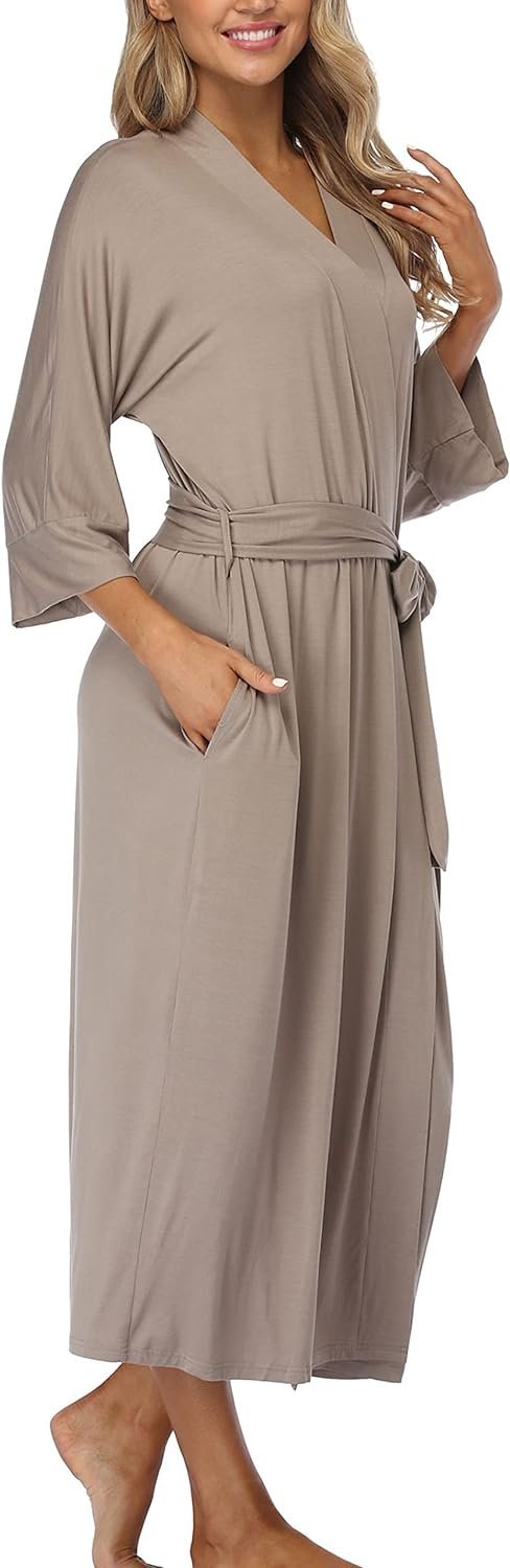 Womens Soft Long Kimono Robes Lightweight Full Length Knit Bathrobe With Pockets Ladies Casual Dressing Gown