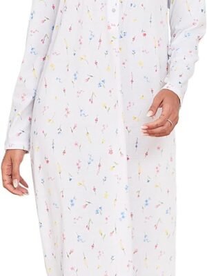 Long Cotton Nightgown Women's Long Sleeve Sleepwear Full Length Night Dress Soft Comfy Loungewear