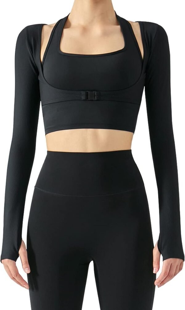 Women's Stretch Cutout Yoga Sports Jacket Long Sleeve Crop Top T Shirts with Thumb Holes