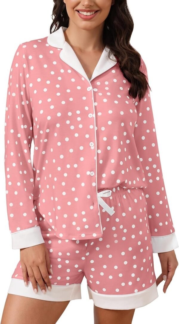 Button Down Pajamas Sets Women Two-Piece Satin Silk Pjs Sets Loungewear Long Sleeve Sleepwear Shorts Nightwear Sets