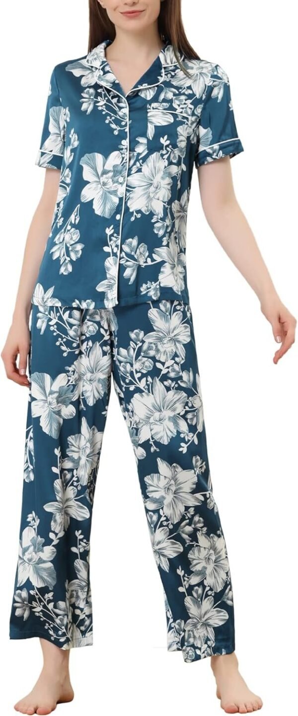 Womens Satin Floral Sleepwear Short Sleeves Button Down Tops with Pants Lounge Pajamas Sets