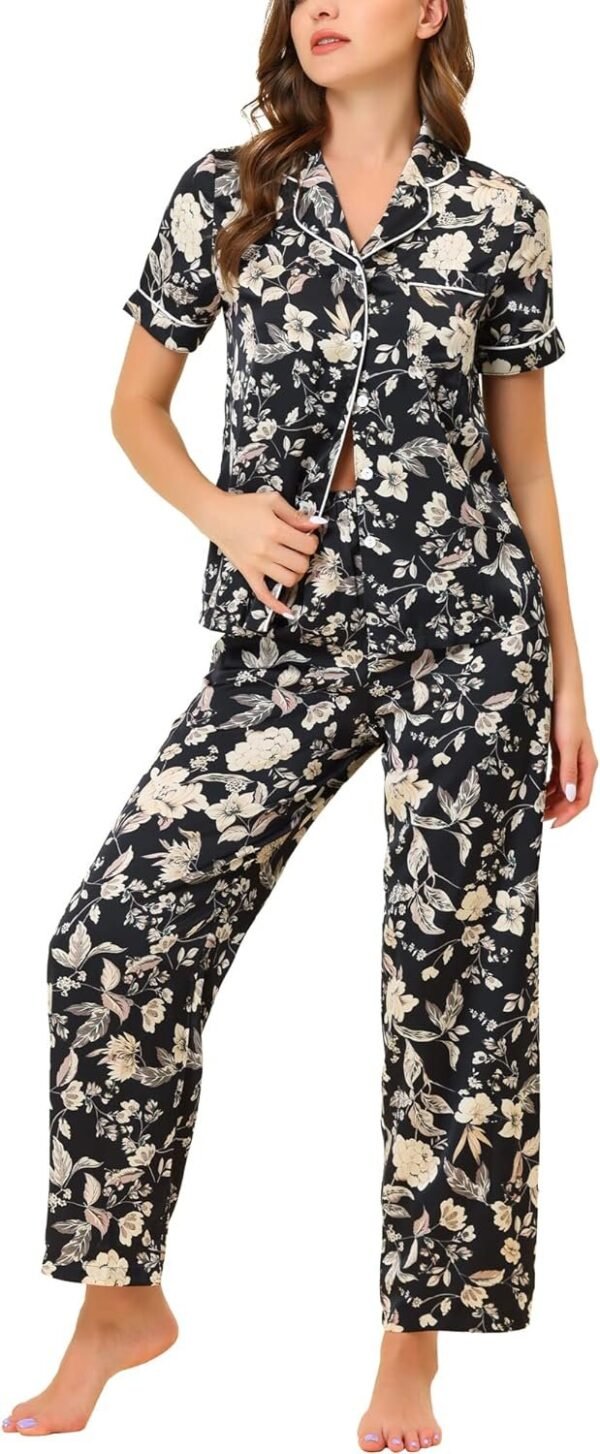 Womens Satin Floral Sleepwear Short Sleeves Button Down Tops with Pants Lounge Pajamas Sets