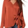 Women's Satin Silk Blouses Wrap V Neck Shirts Long Sleeve Elegant Tie Waist Office Formal Work Tunic Pullover Tops